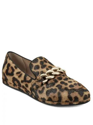 AEROSOLES Womens Brown Leopard Print Gold Tone Chain Comfort Breathable Kailee Round Toe Slip On Leather Loafers Shoes M