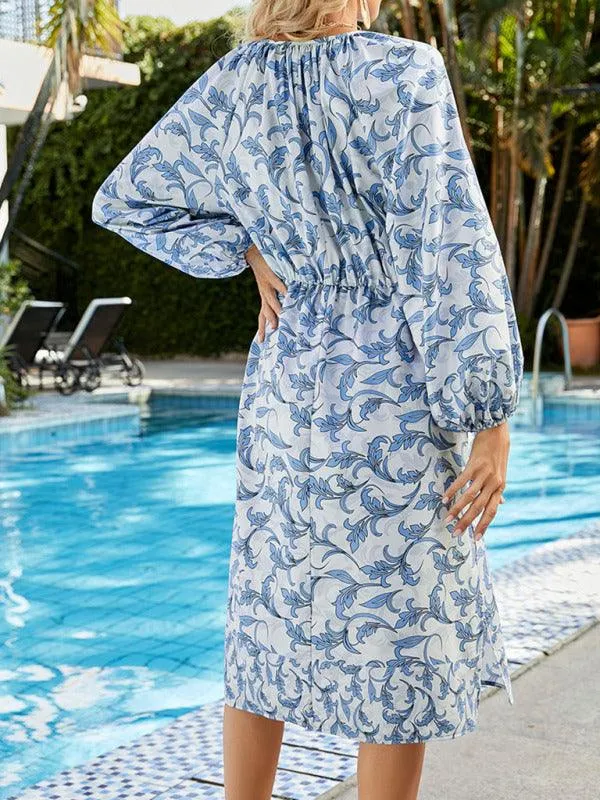 Blue Blossom Sun Protection Midi Dress - Elegant and Versatile