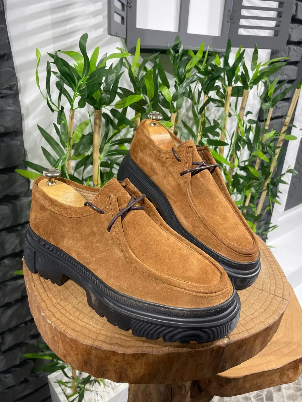 HolloMen Tan Leather Chunky Sole Derby Shoes.