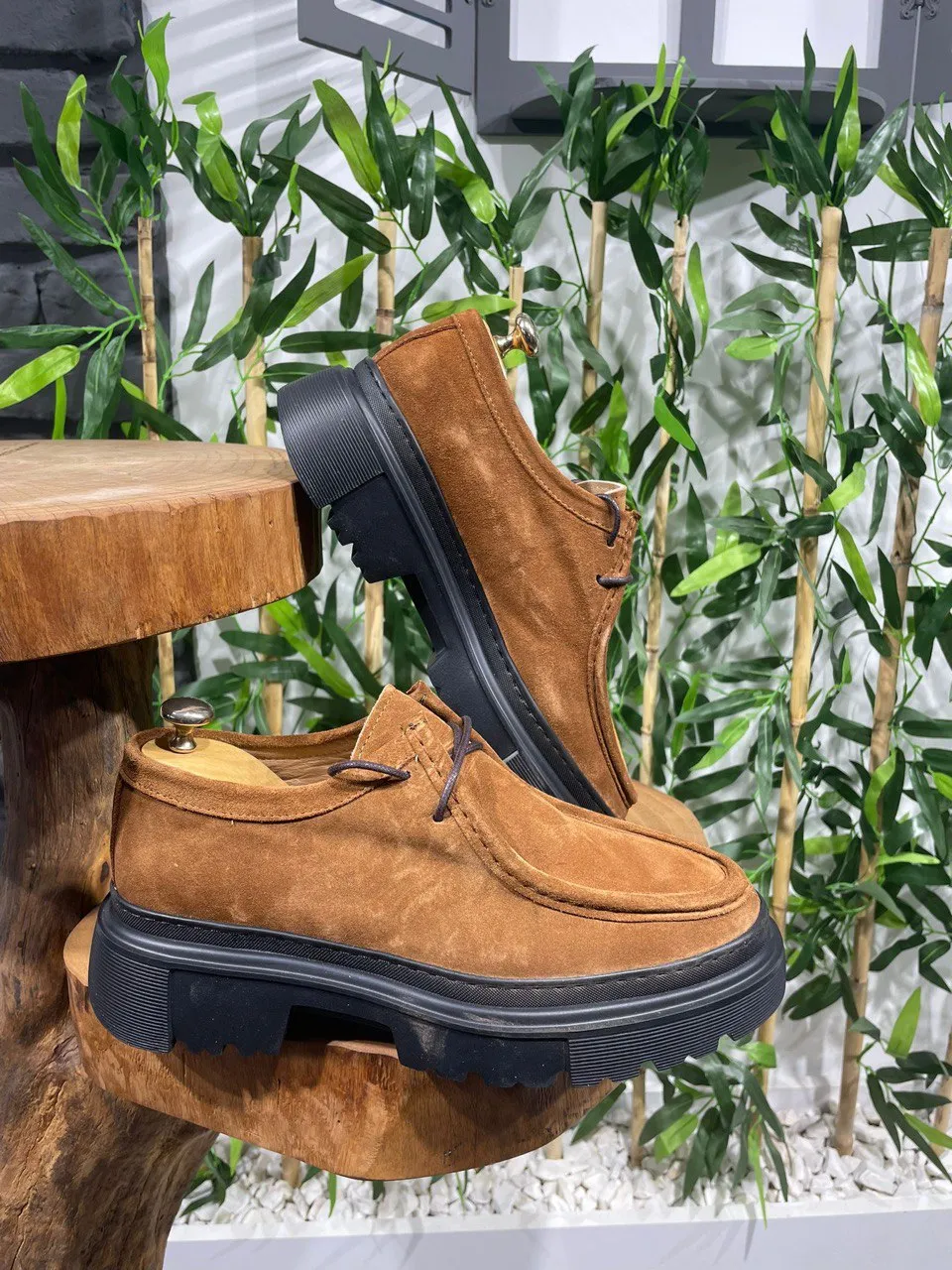 HolloMen Tan Leather Chunky Sole Derby Shoes.