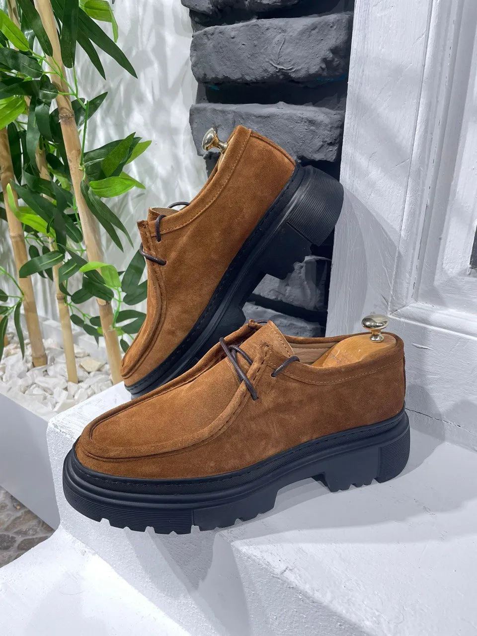 HolloMen Tan Leather Chunky Sole Derby Shoes.