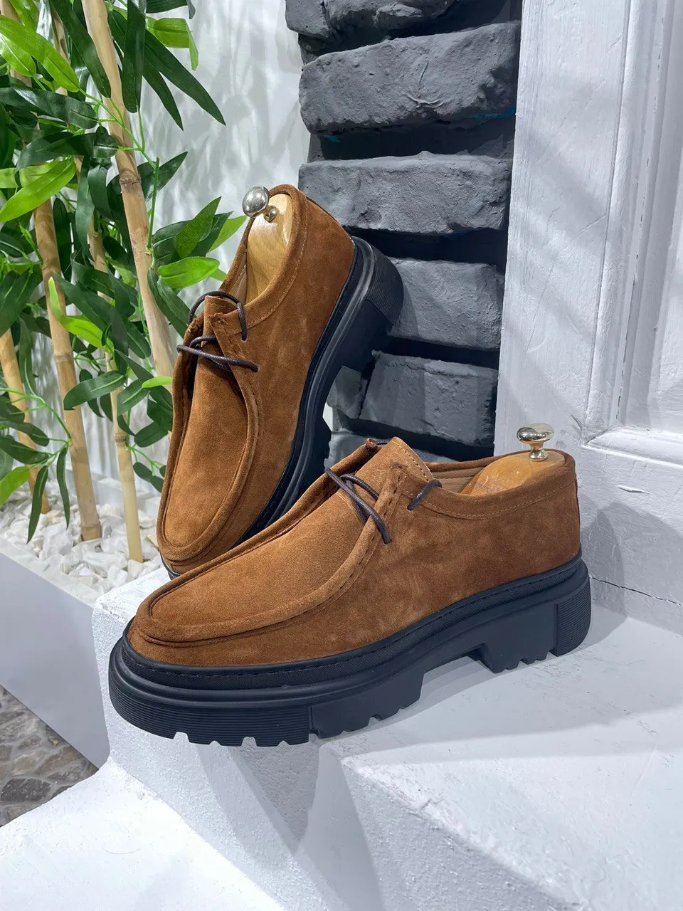 HolloMen Tan Leather Chunky Sole Derby Shoes.