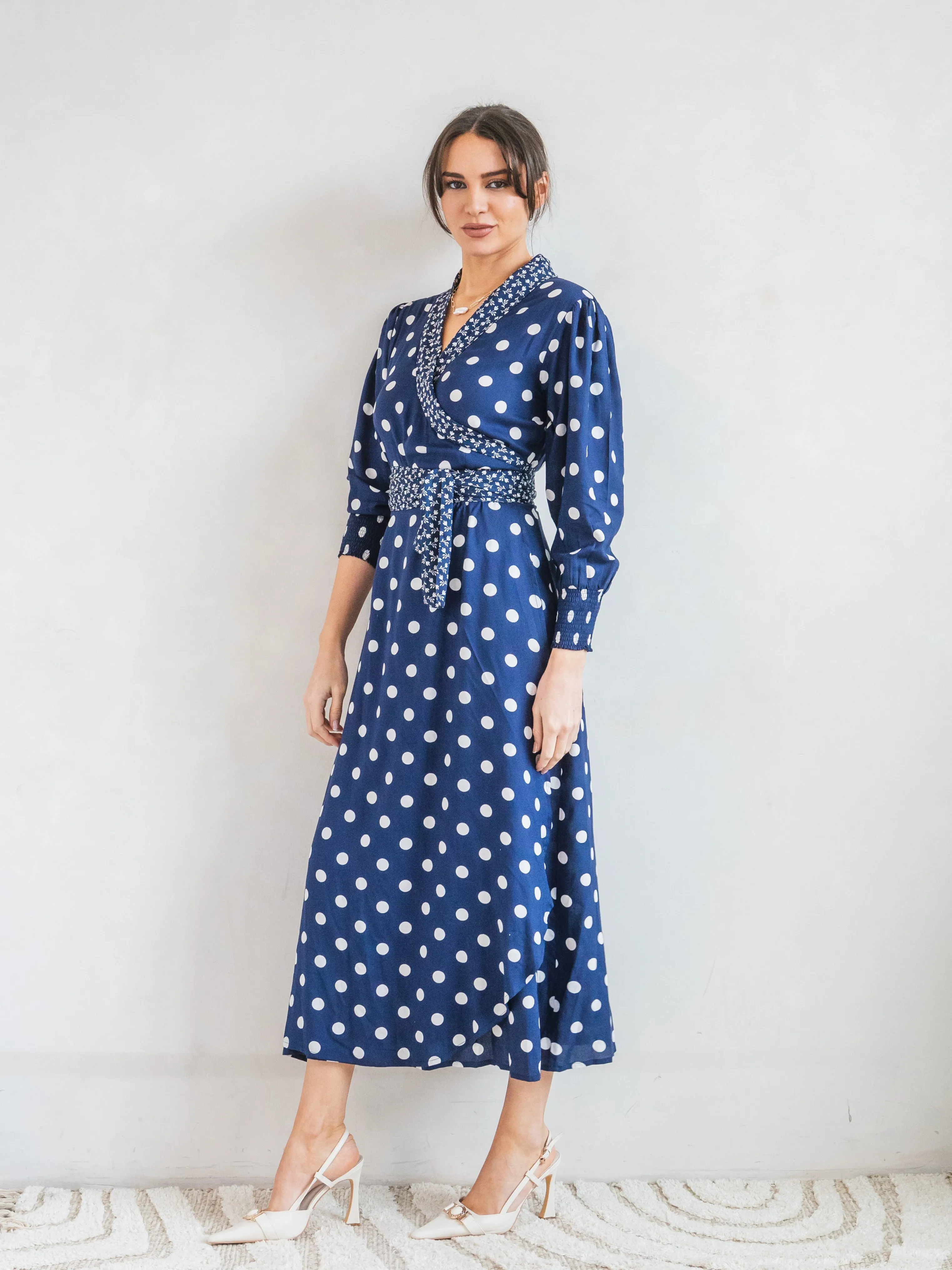 'IT'S A WRAP' DRESS IN NAVY POLKA DOT (EcoVero)