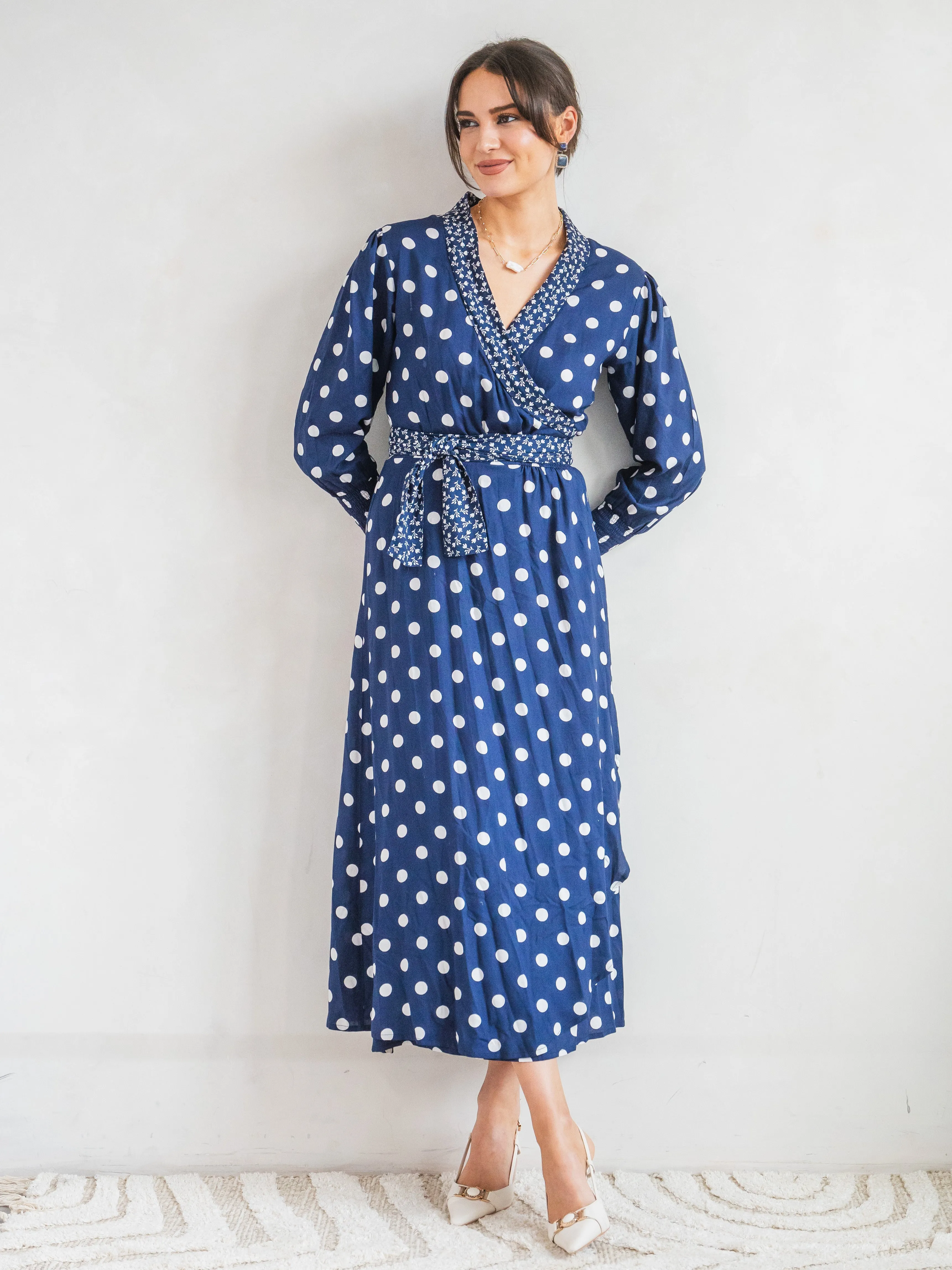 'IT'S A WRAP' DRESS IN NAVY POLKA DOT (EcoVero)