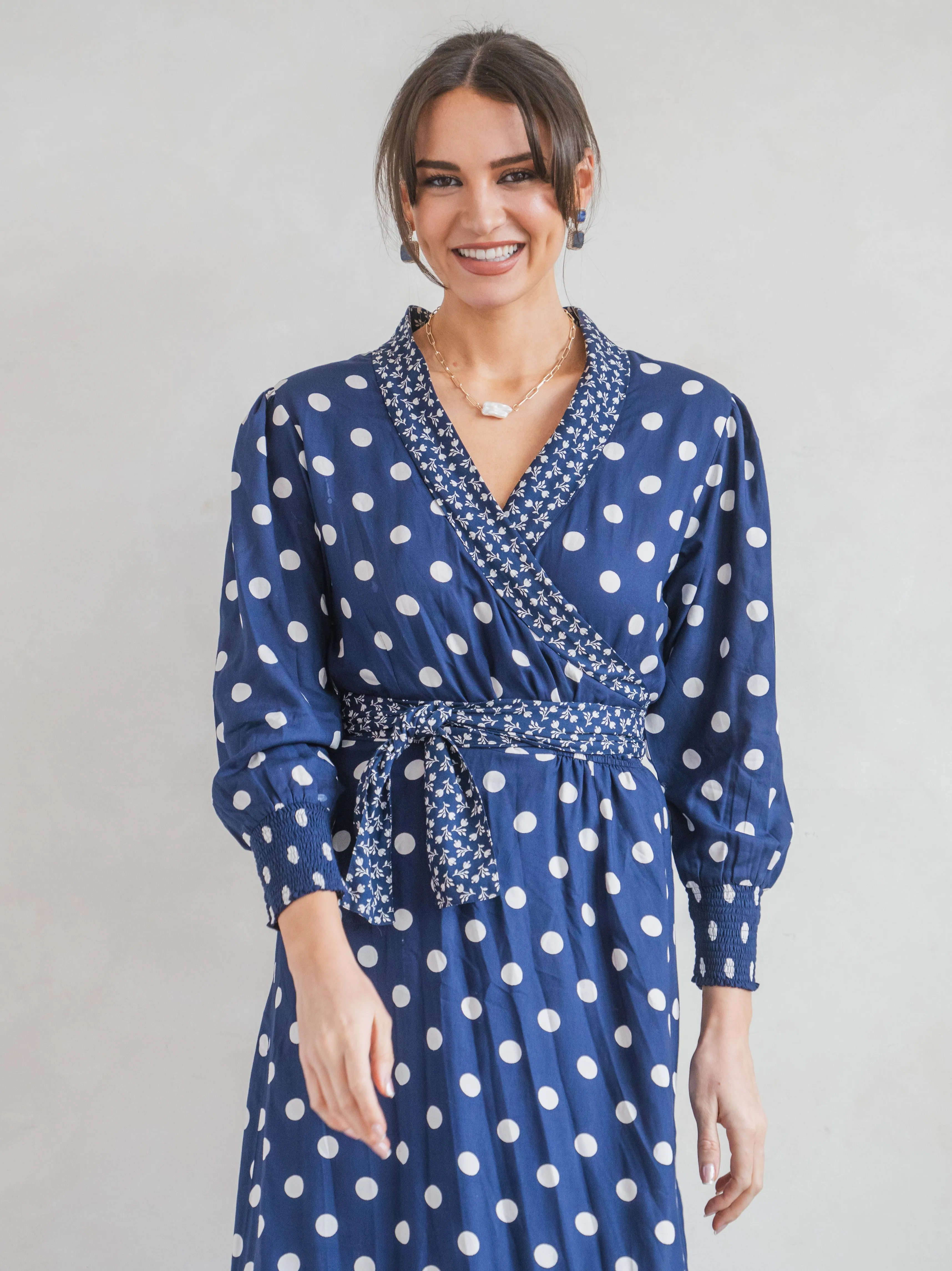 'IT'S A WRAP' DRESS IN NAVY POLKA DOT (EcoVero)