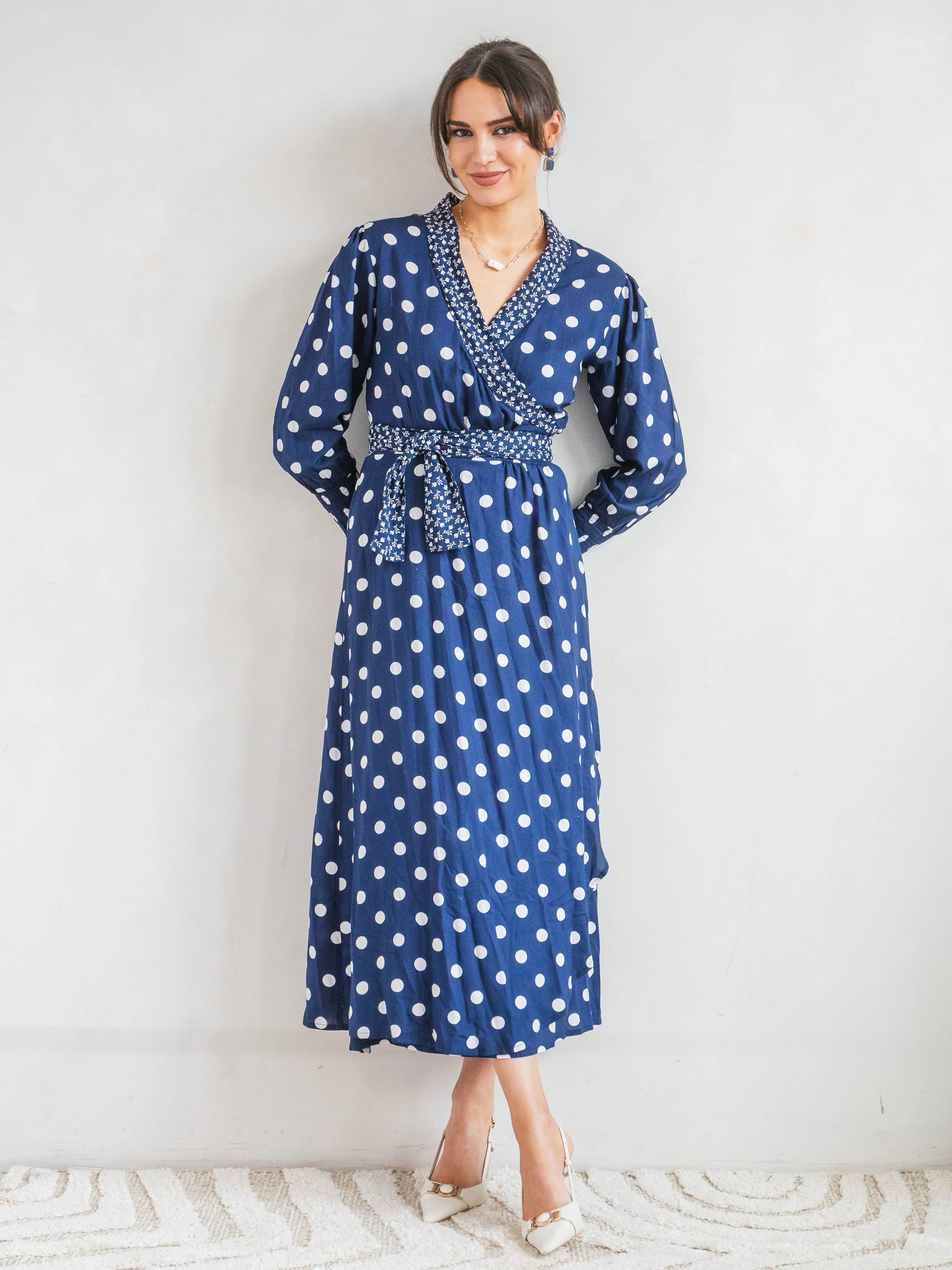 'IT'S A WRAP' DRESS IN NAVY POLKA DOT (EcoVero)