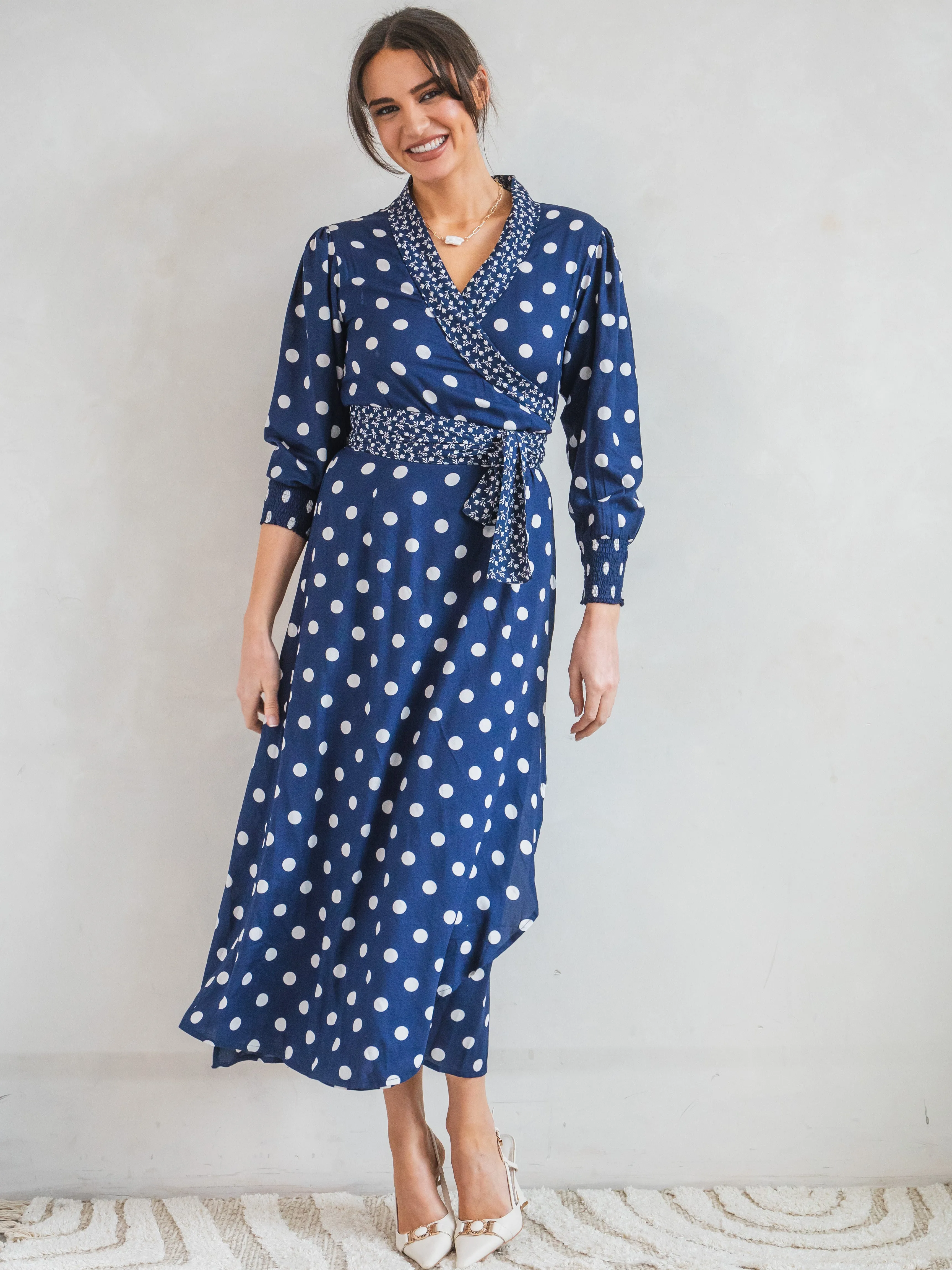 'IT'S A WRAP' DRESS IN NAVY POLKA DOT (EcoVero)