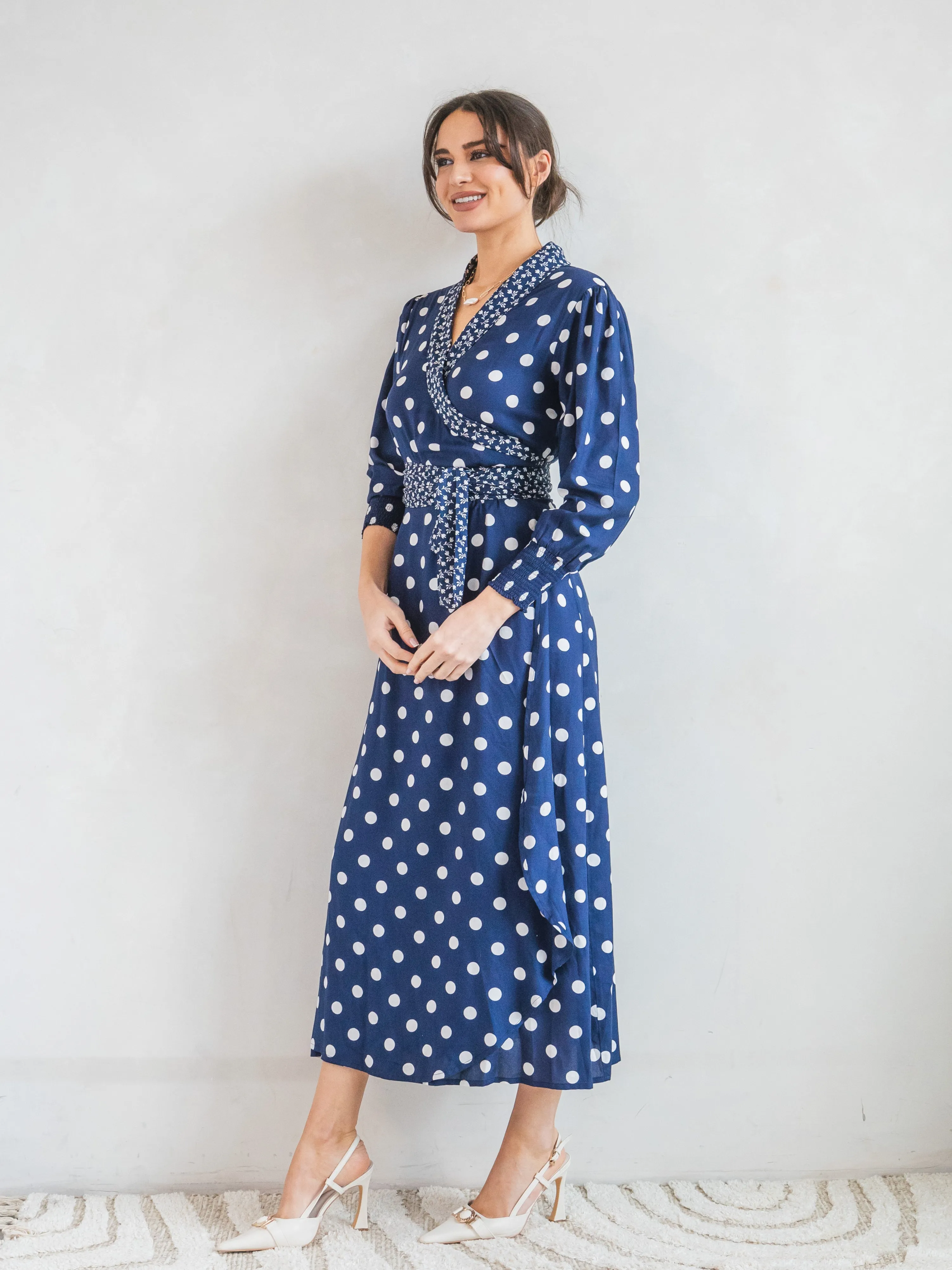 'IT'S A WRAP' DRESS IN NAVY POLKA DOT (EcoVero)