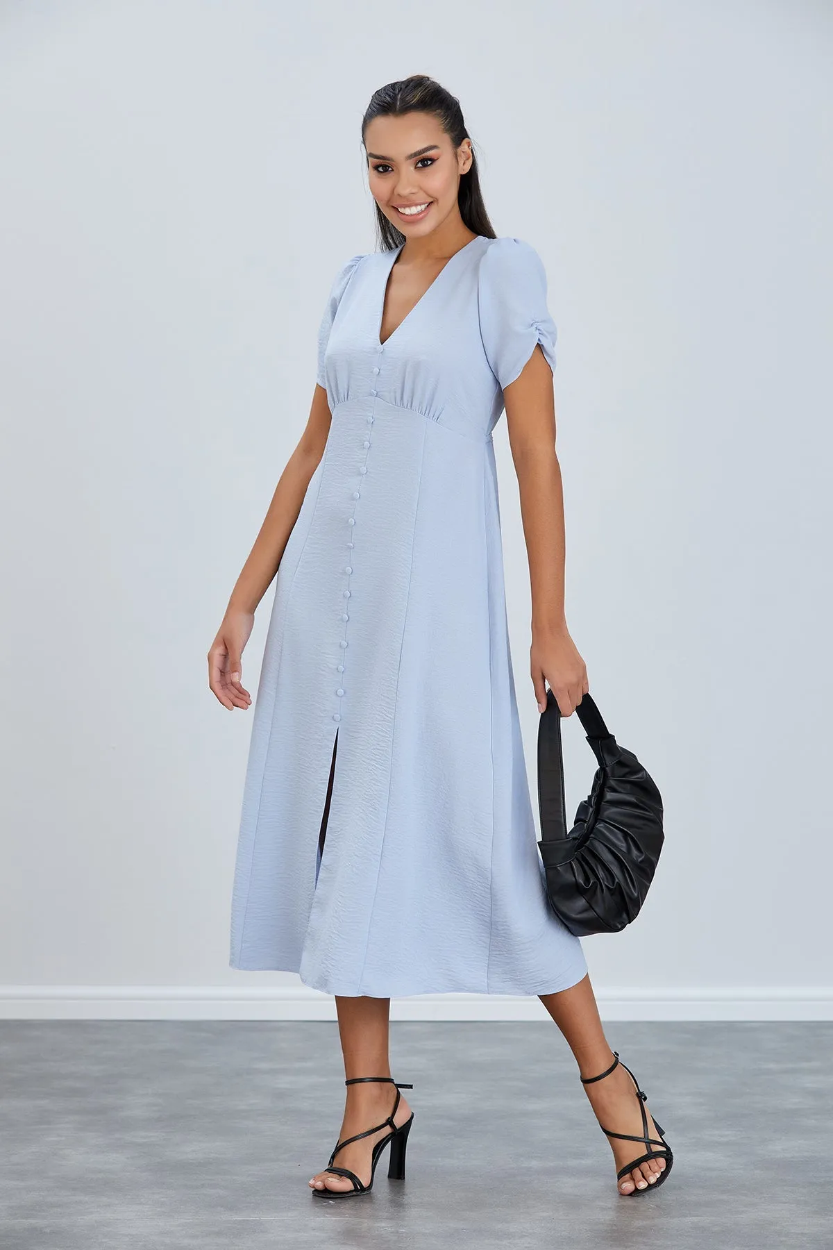 Linen Style Buttoned Shirt Midi Dress in Blue