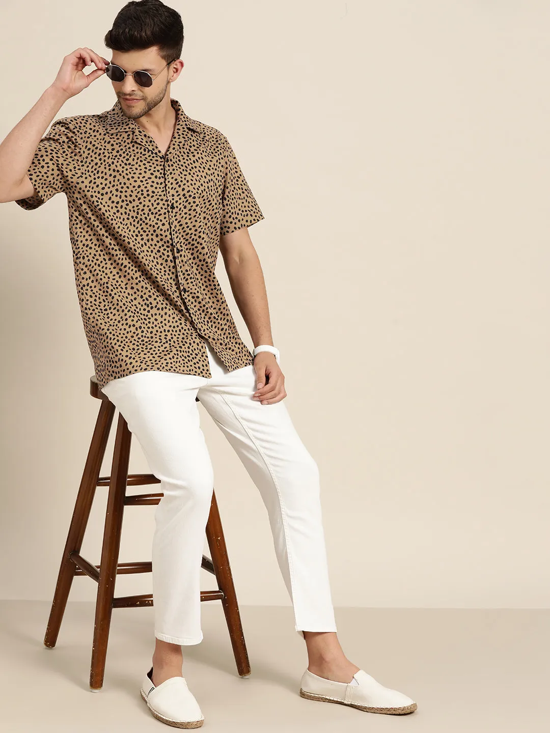 Men Beige & Black Printed Viscose Rayon Relaxed Fit Casual Resort shirt