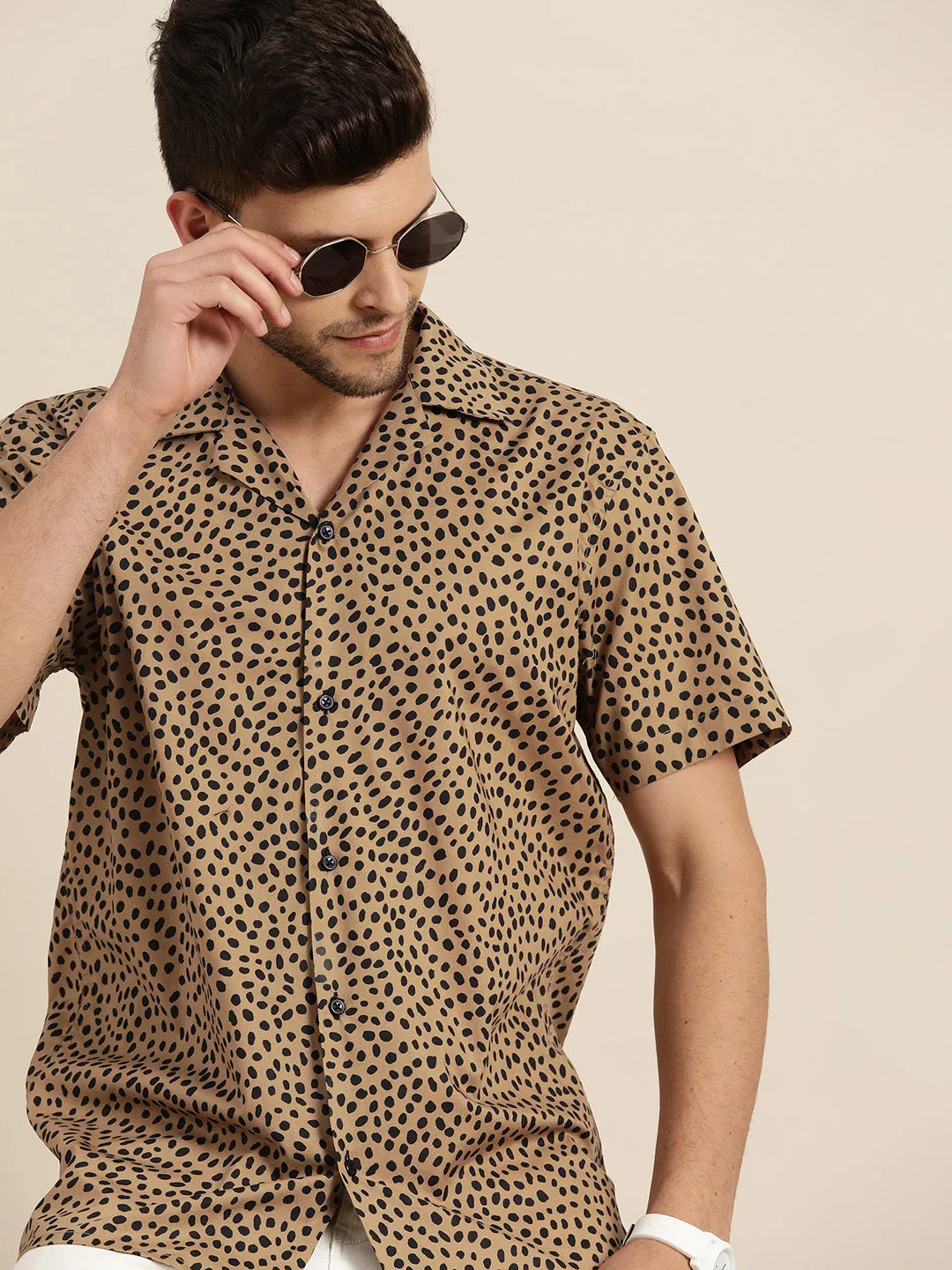 Men Beige & Black Printed Viscose Rayon Relaxed Fit Casual Resort shirt