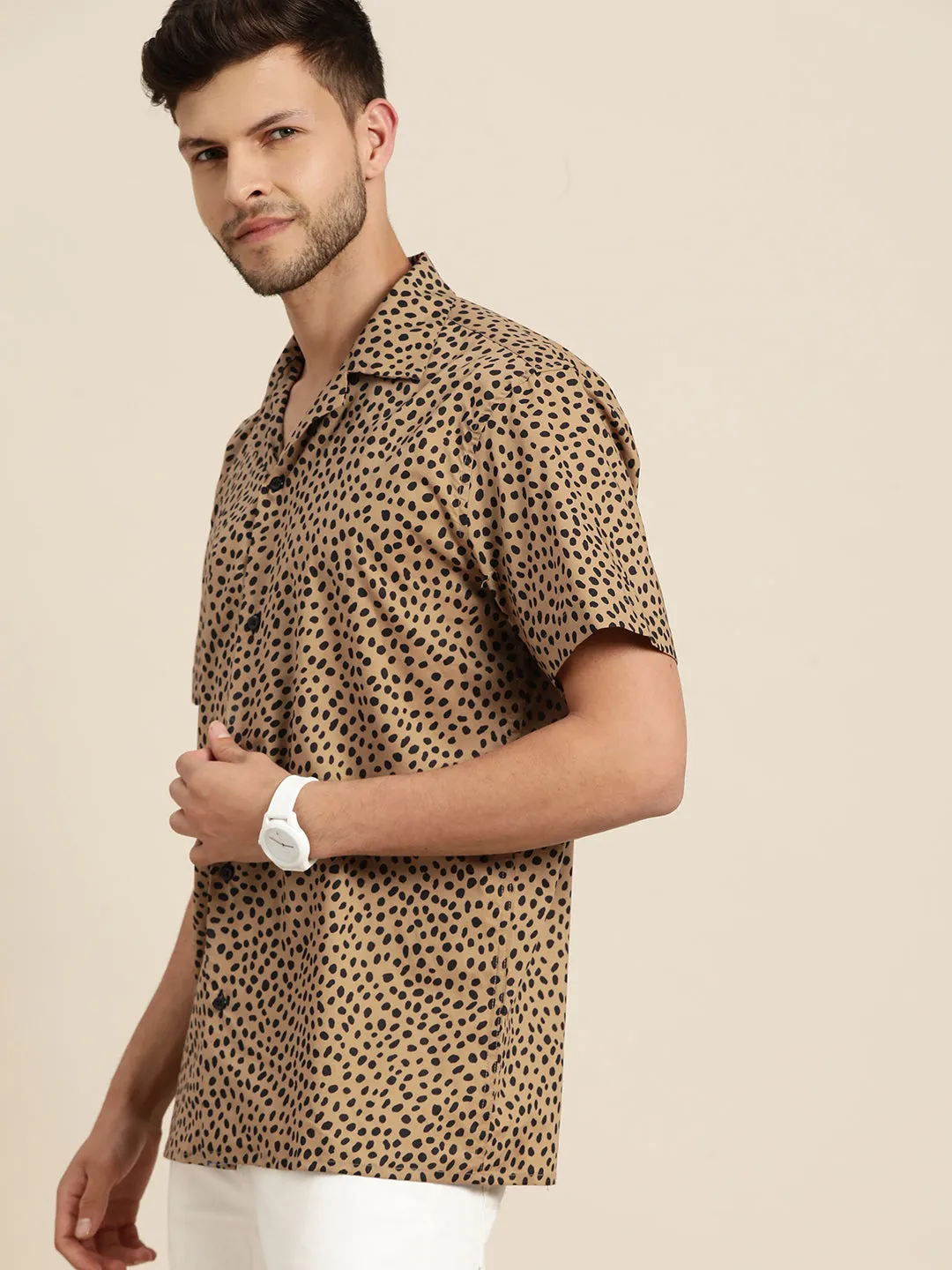 Men Beige & Black Printed Viscose Rayon Relaxed Fit Casual Resort shirt