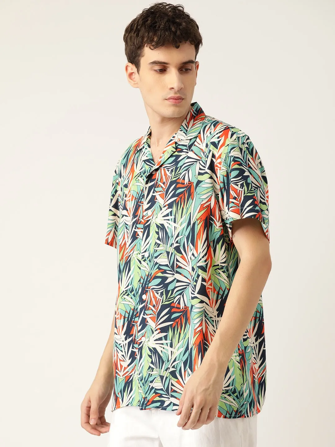 Men Beige & Navy Printed Pure Cotton Relaxed Fit Casual Resort Shirt