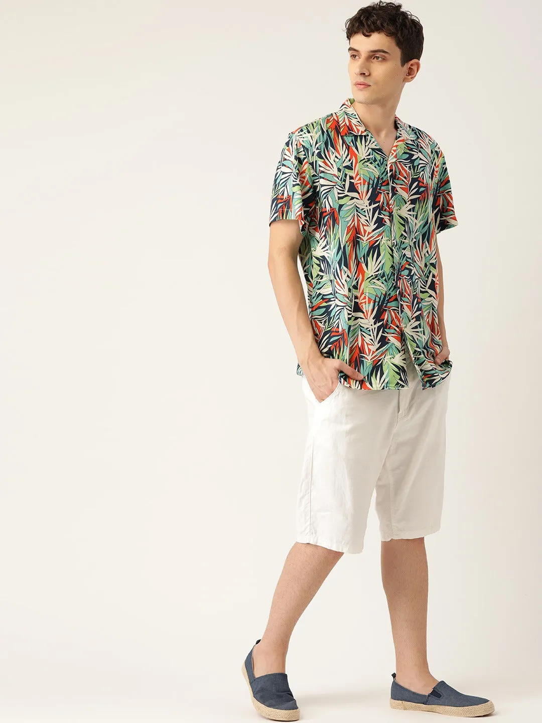 Men Beige & Navy Printed Pure Cotton Relaxed Fit Casual Resort Shirt