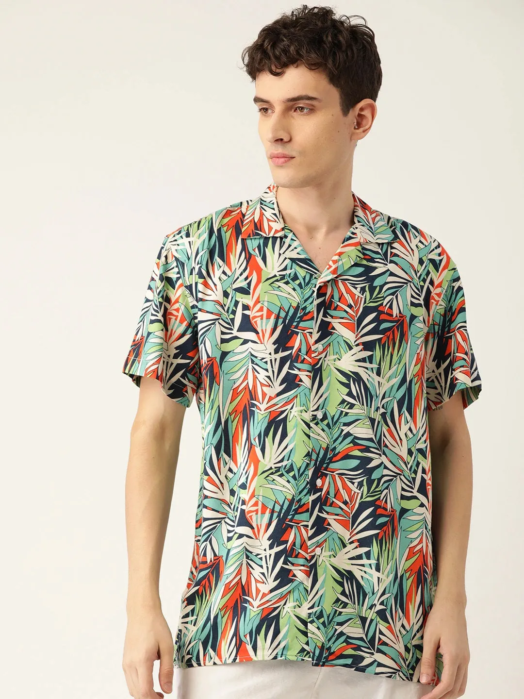 Men Beige & Navy Printed Pure Cotton Relaxed Fit Casual Resort Shirt