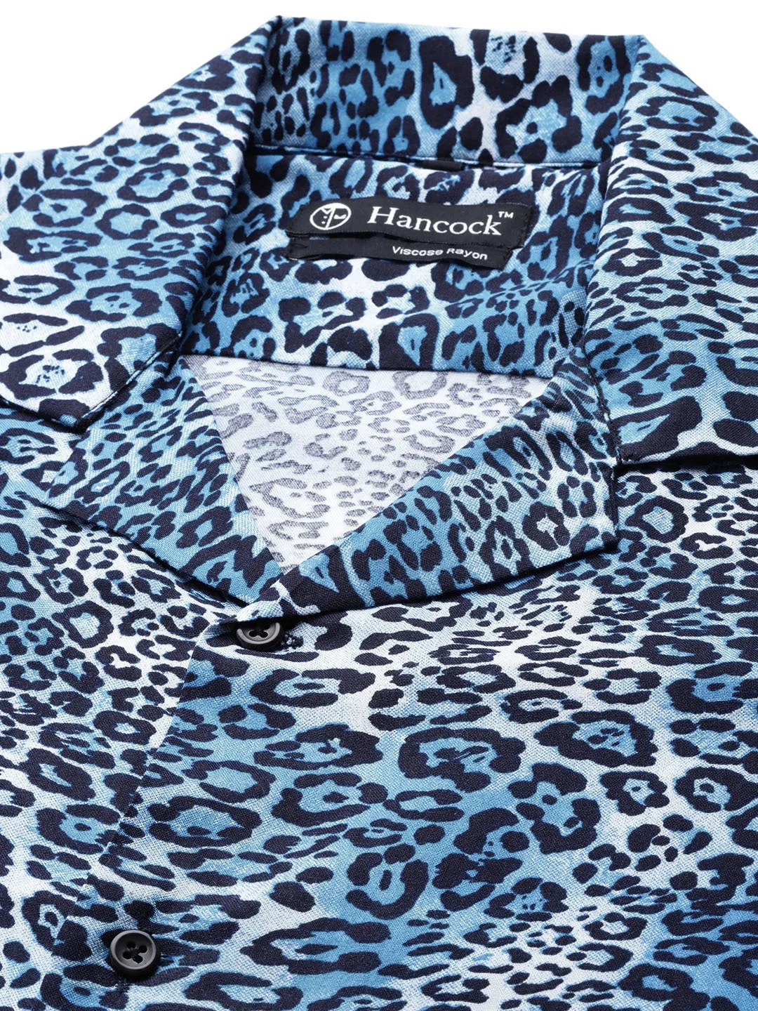 Men Blue-Black Prints Viscose Rayon Relaxed Fit Casual Resort Shirt