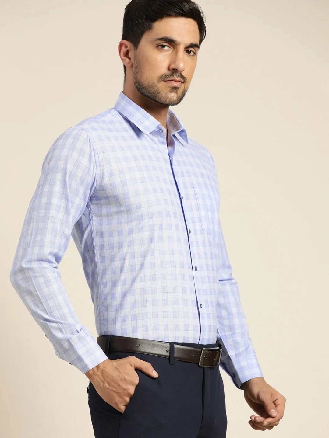 Men Blue Checked Cotton Rich Slim Fit Formal Shirt