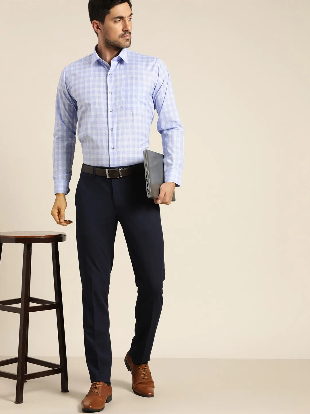 Men Blue Checked Cotton Rich Slim Fit Formal Shirt