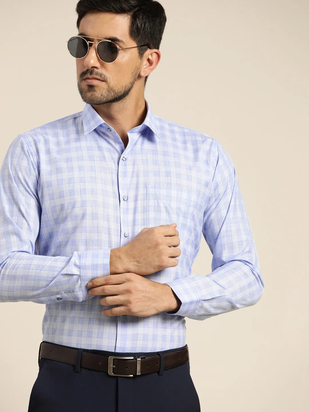 Men Blue Checked Cotton Rich Slim Fit Formal Shirt