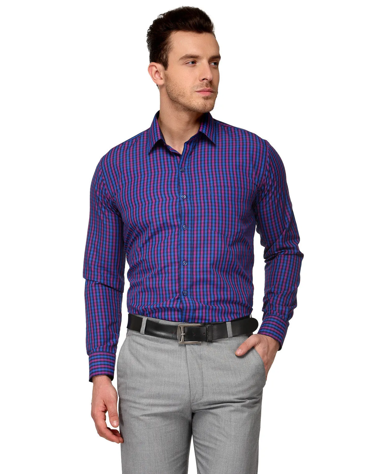 Men Purple Checks Cotton Rich Slim Fit Formal Shirt