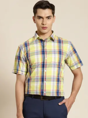 Men Yellow & Blue Checks Pure Cotton Slim Fit Formal Shirt