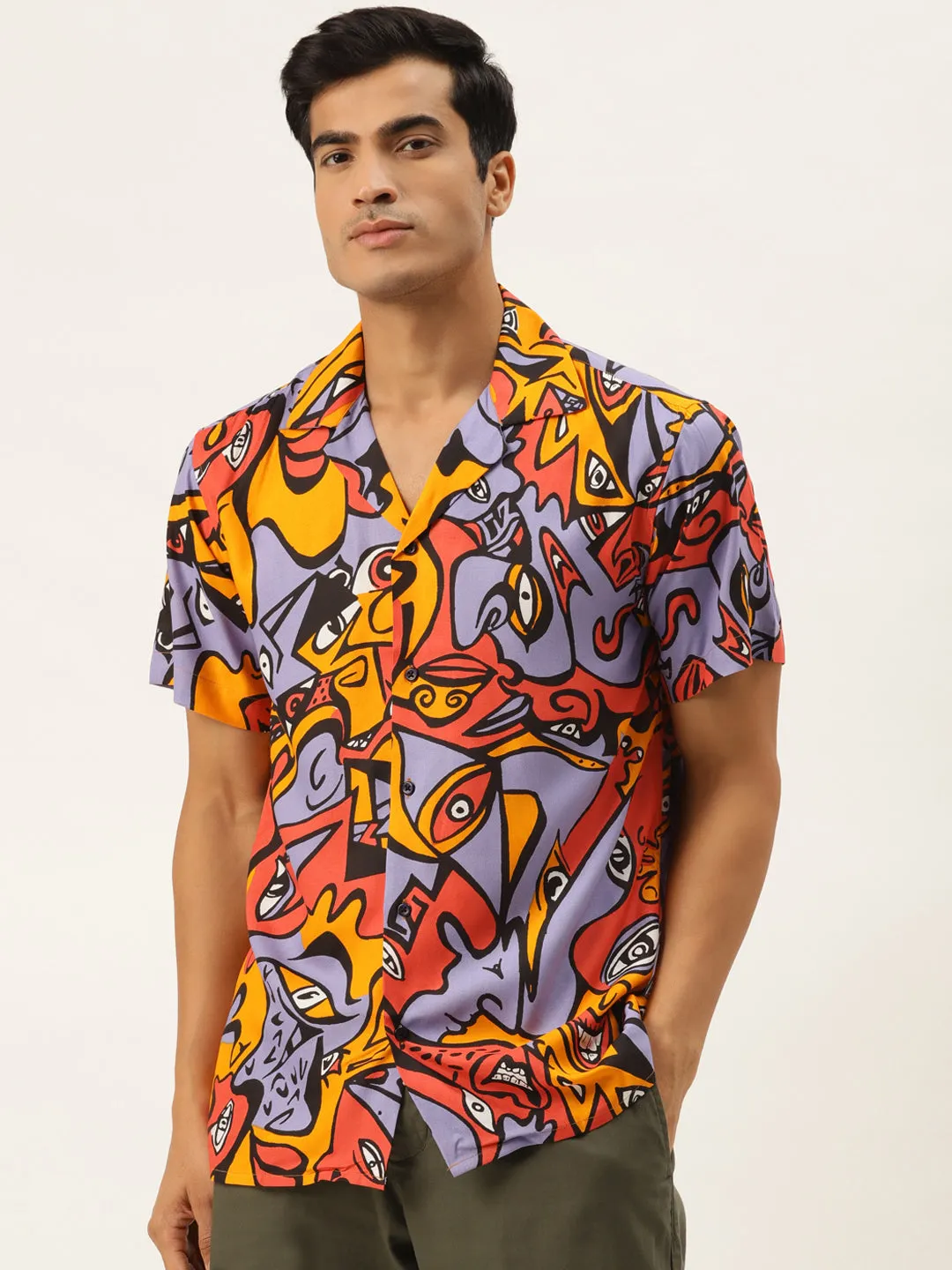Men Yellow & Multi Printed Viscose Rayon Relaxed Fit Casual Resort Shirt