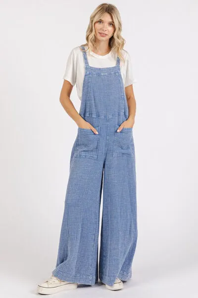 Mittoshop Textured Wide Leg Overalls In Blue