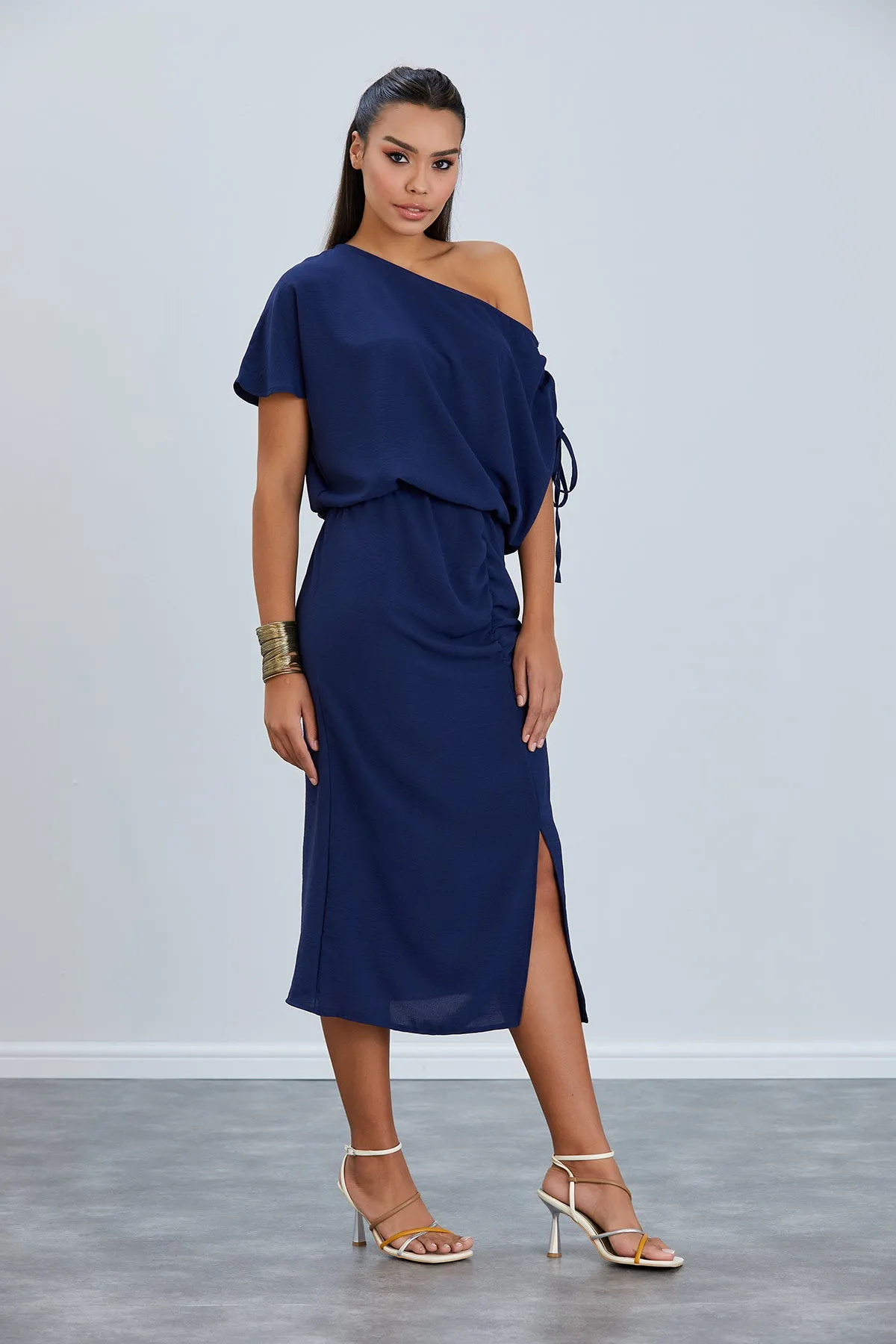 Off Shoulder Drape Midi Dress in Navy
