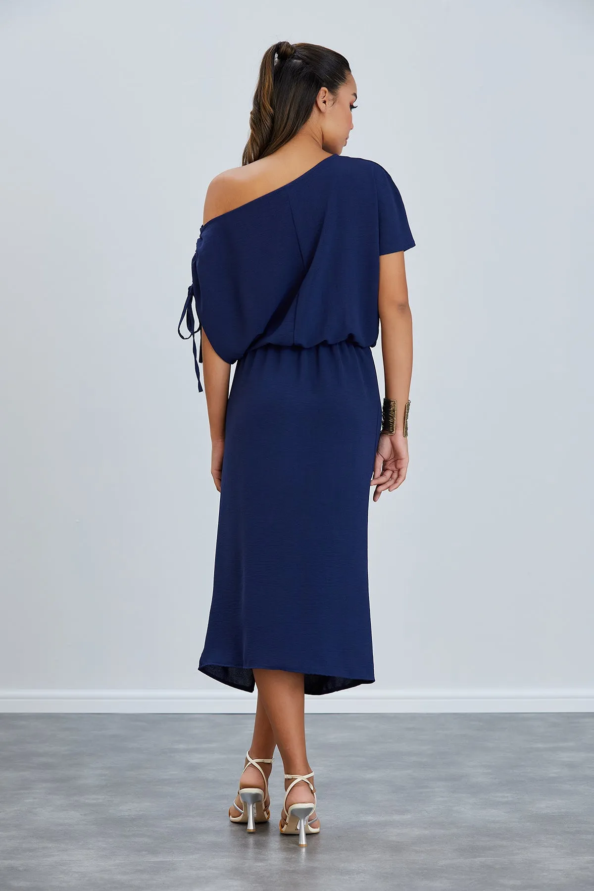 Off Shoulder Drape Midi Dress in Navy
