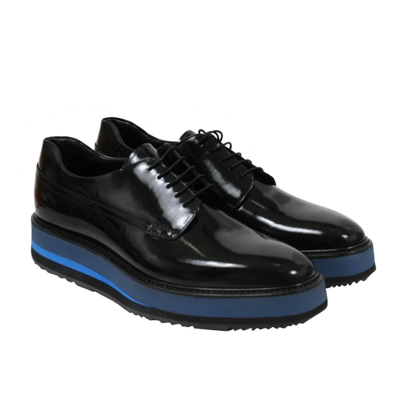 Platform Chunky Derby Black Leather Blue Sole Brogues