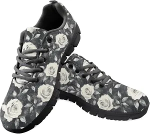 Rose Floral Garden Black Running Shoes for Women Teenage Girl Lacing Anti Skid Outdoor Trail Fashion Sneakers Size US 9