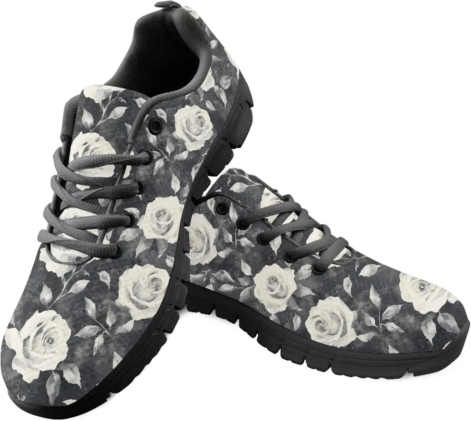 Rose Floral Garden Black Running Shoes for Women Teenage Girl Lacing Anti Skid Outdoor Trail Fashion Sneakers Size US 9