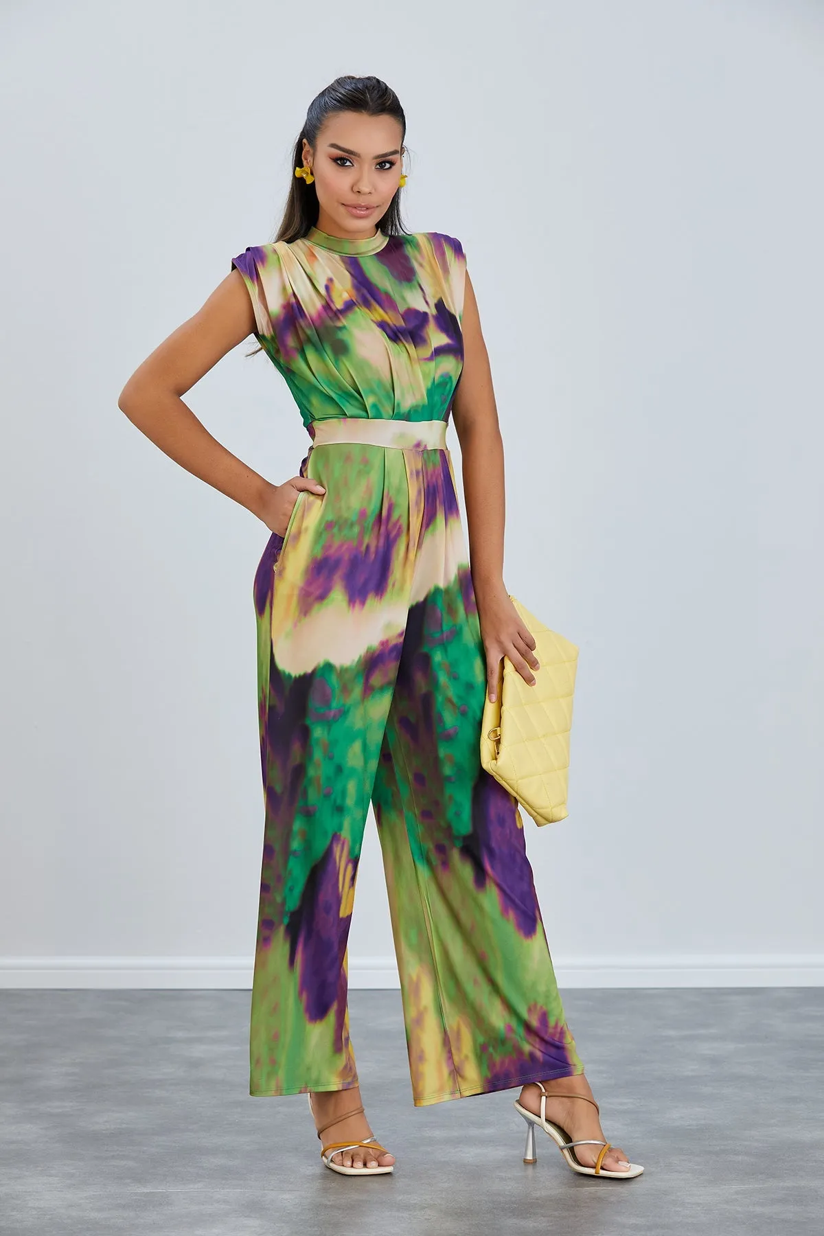 Sarry High neck Jumpsuit in Green print