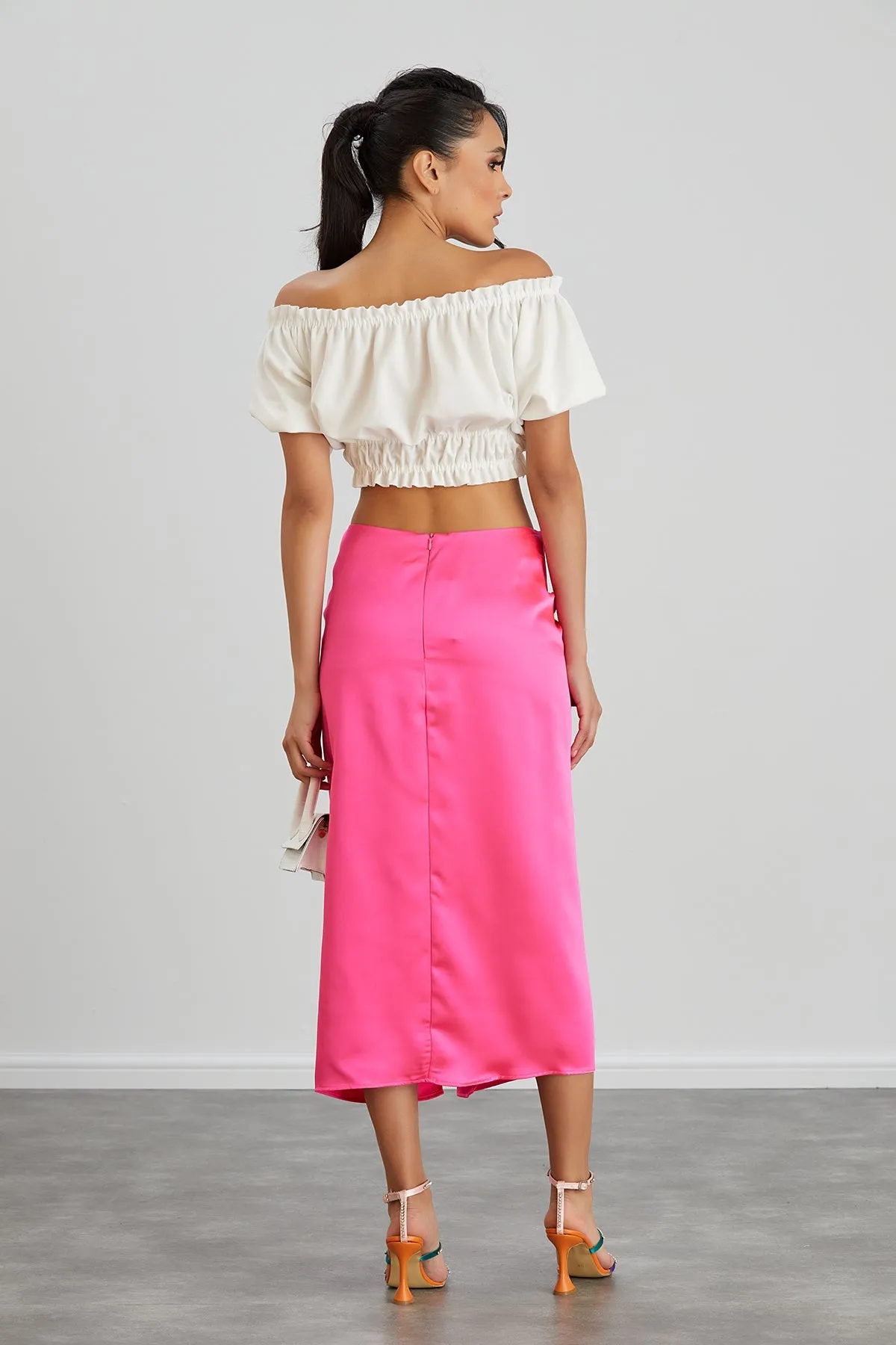Satin Midi Skirt with Slit in Hot Pink