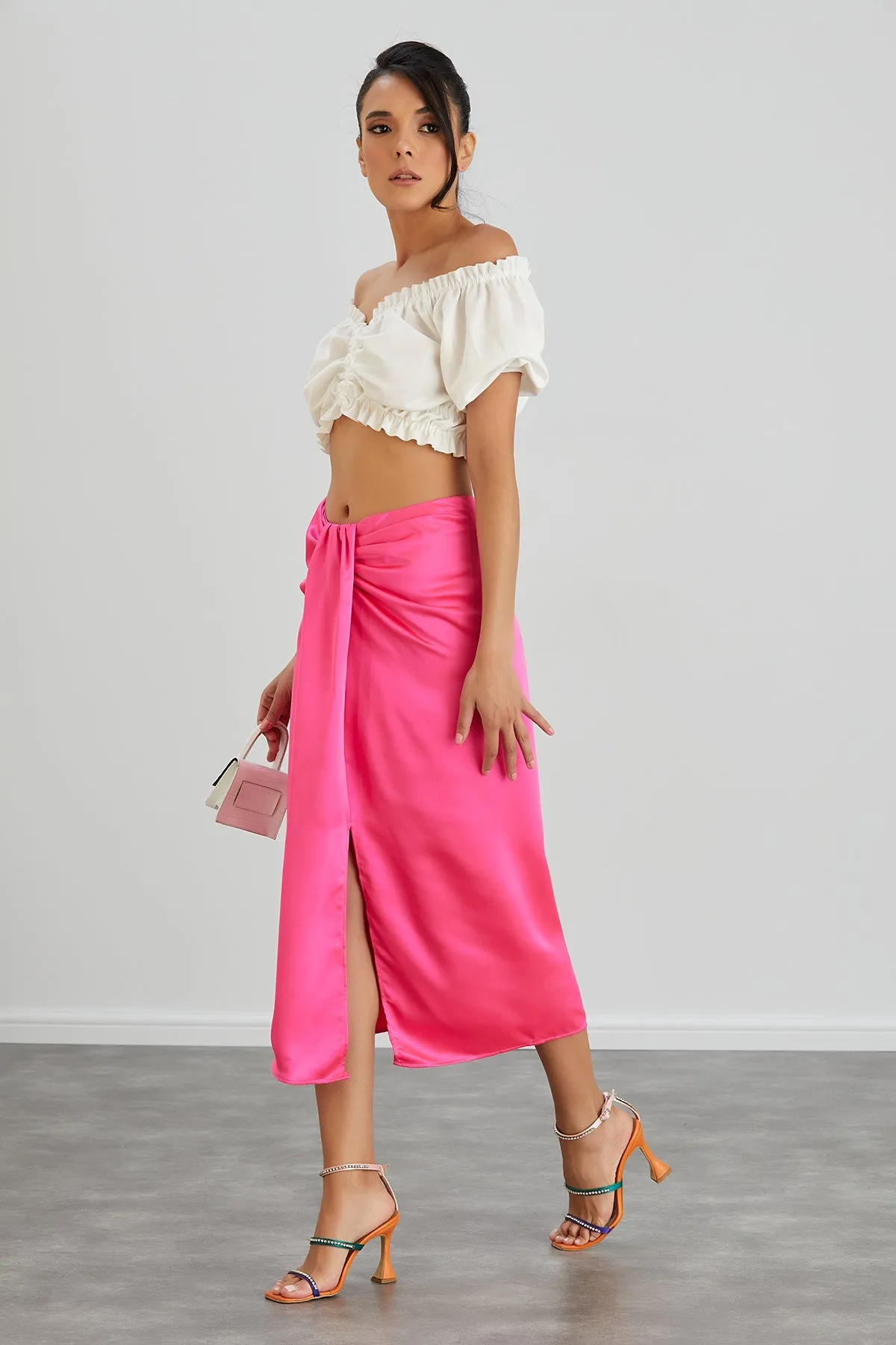 Satin Midi Skirt with Slit in Hot Pink