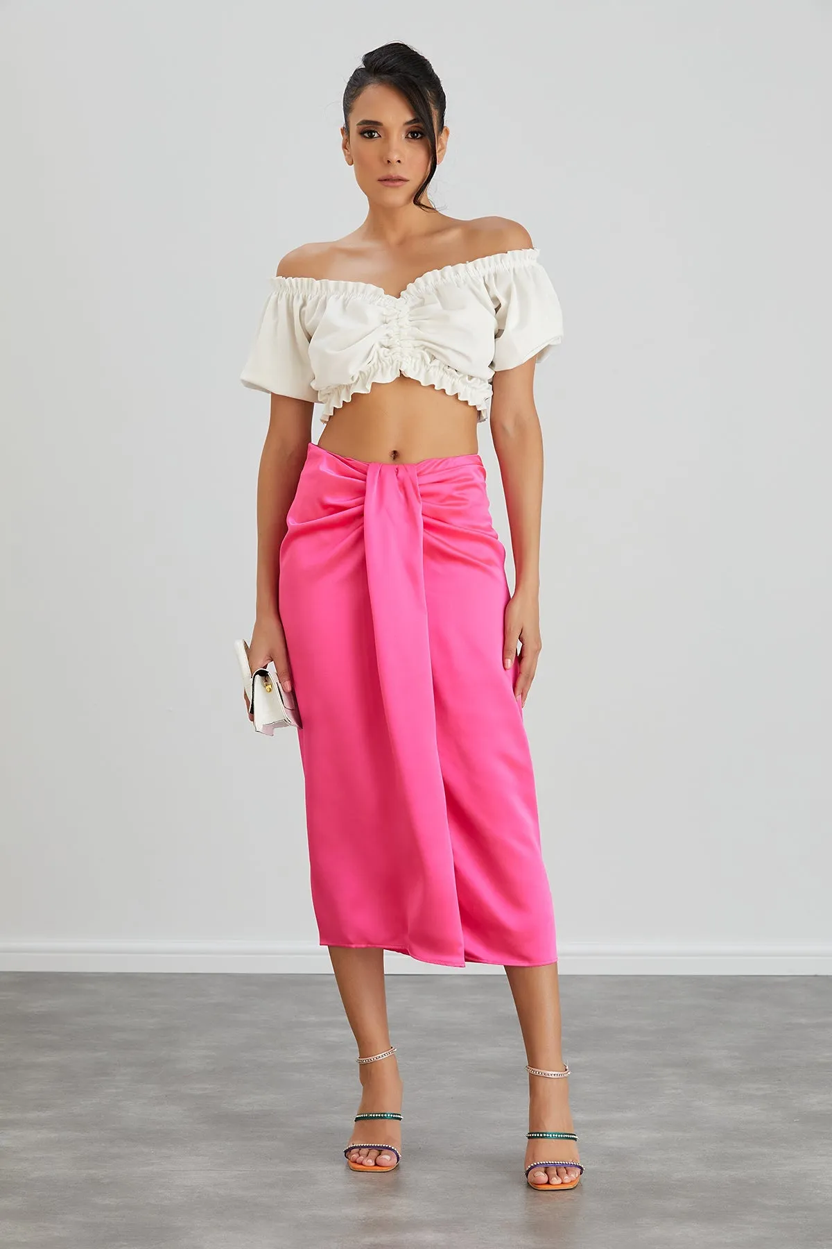 Satin Midi Skirt with Slit in Hot Pink
