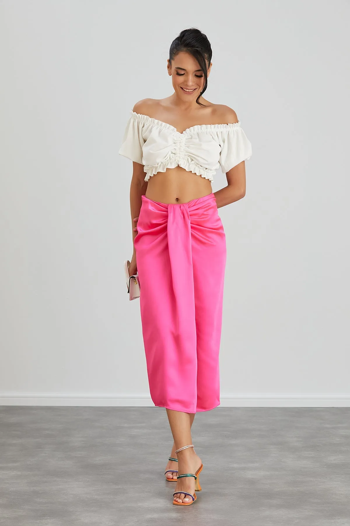Satin Midi Skirt with Slit in Hot Pink