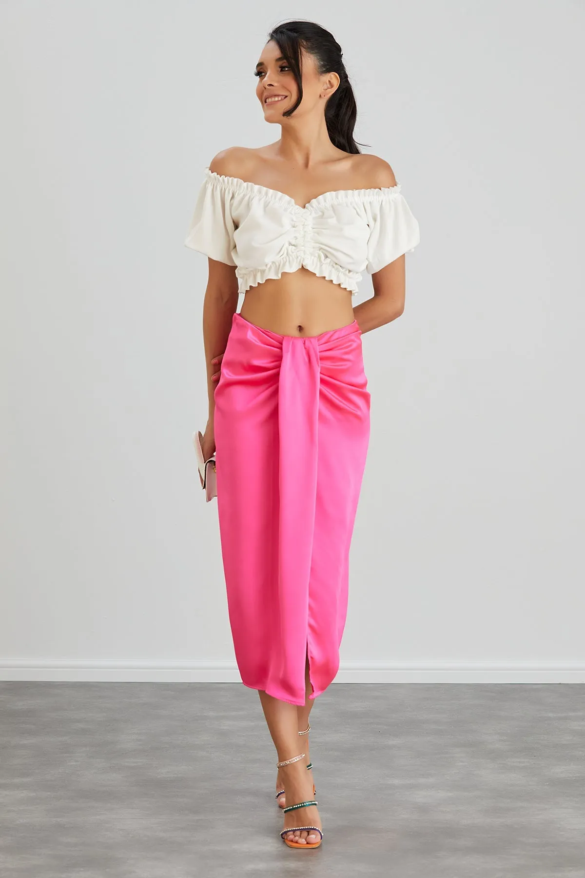 Satin Midi Skirt with Slit in Hot Pink