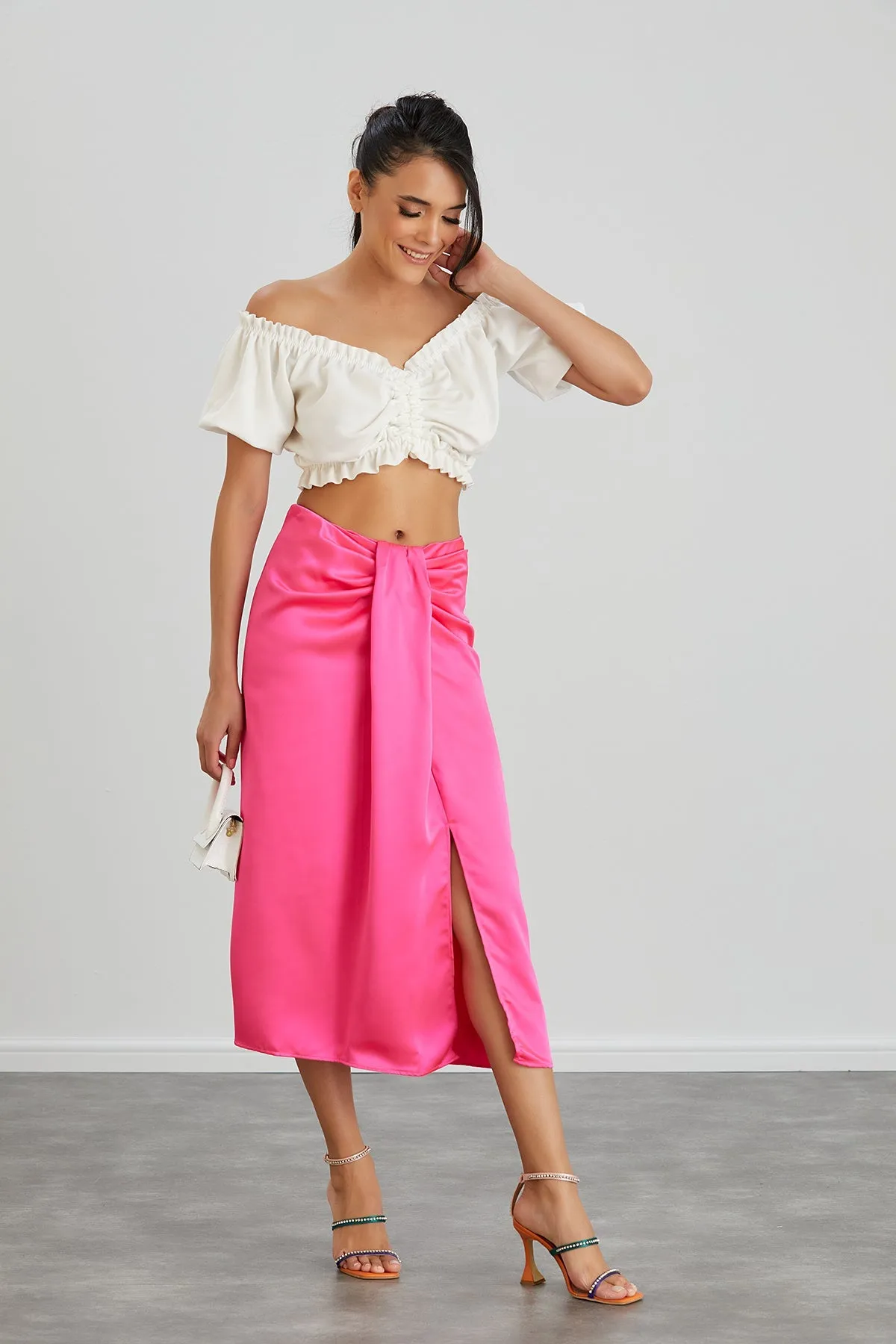 Satin Midi Skirt with Slit in Hot Pink