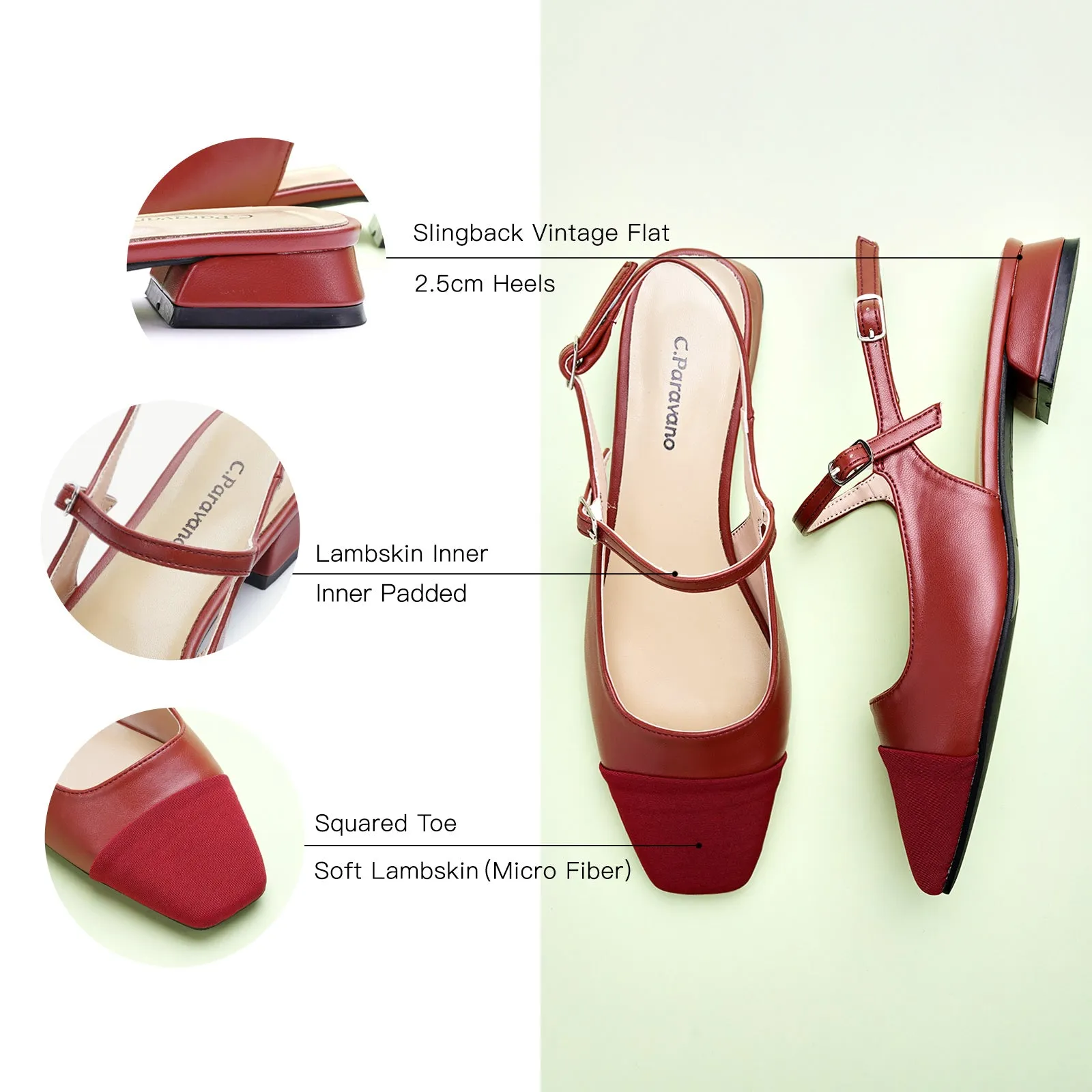 Square-Toe Slingback Flats (Felicia) Red