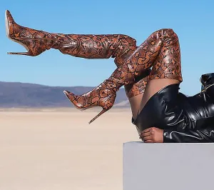 Thigh High Over The Knee Boots Snakeskin Pointed Toe