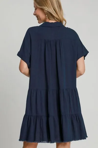 Umgee Raw Hem Folded Sleeve Tiered Dress In Navy