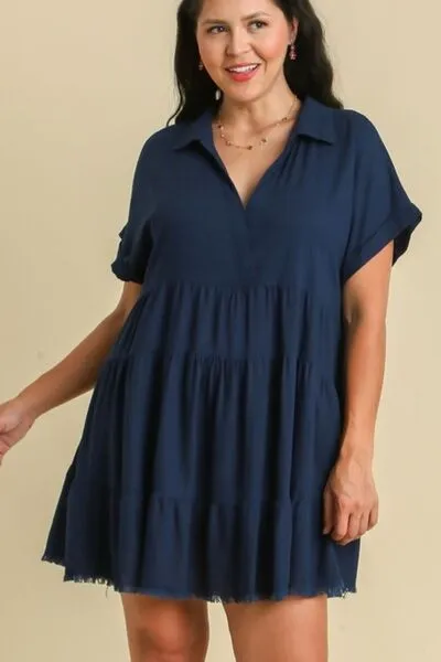Umgee Raw Hem Folded Sleeve Tiered Dress In Navy
