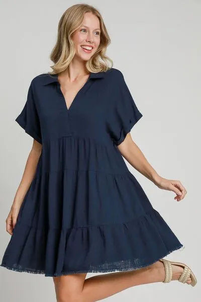 Umgee Raw Hem Folded Sleeve Tiered Dress In Navy