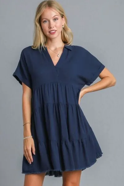Umgee Raw Hem Folded Sleeve Tiered Dress In Navy