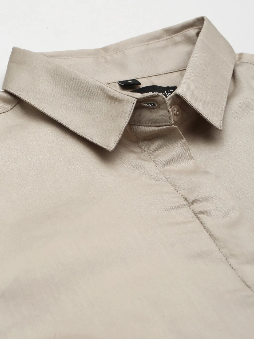 Women Beige Solid Pure Cotton Satin Slim Fit Formal Shirt