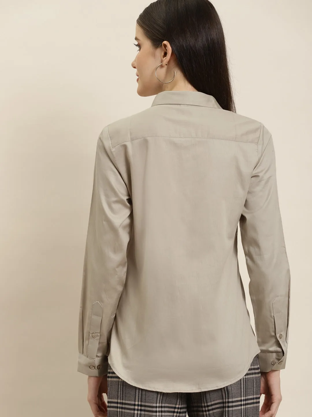 Women Beige Solid Pure Cotton Satin Slim Fit Formal Shirt