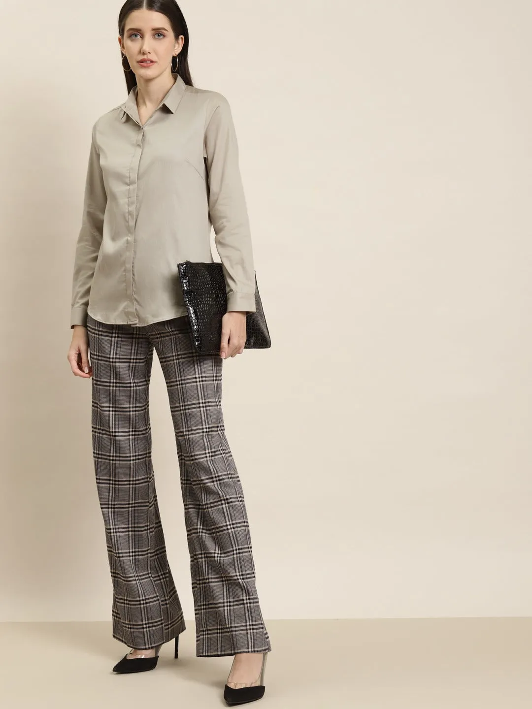 Women Beige Solid Pure Cotton Satin Slim Fit Formal Shirt