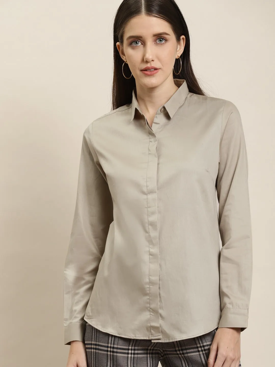 Women Beige Solid Pure Cotton Satin Slim Fit Formal Shirt