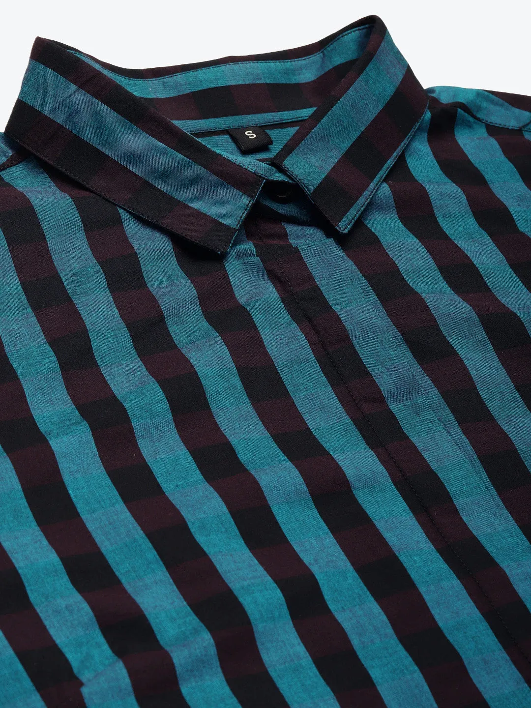 Women Black & Turquoise Blue Striped Pure Cotton Slim Fit Formal Shirt